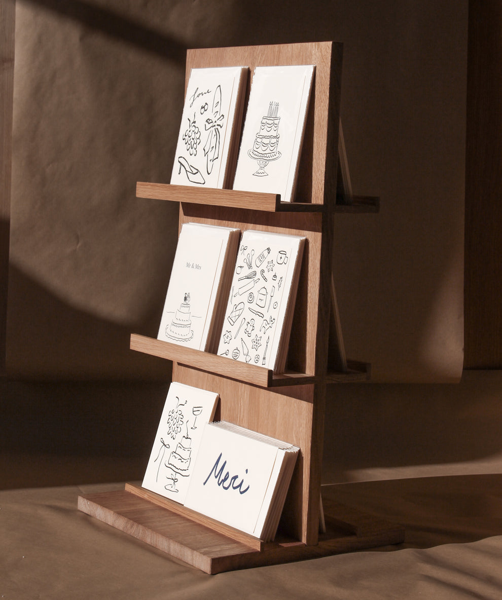 Double-sided solid oak card display for 12–18 cards