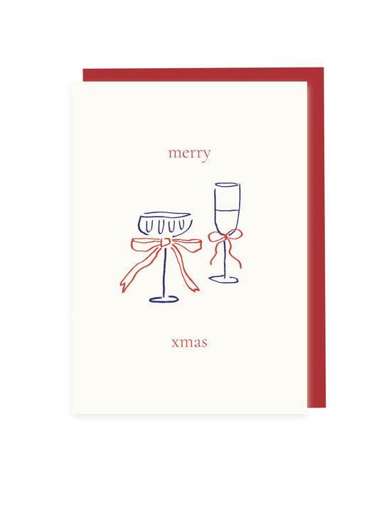 Folding card 'merry xmas' glasses and bow (risograph)