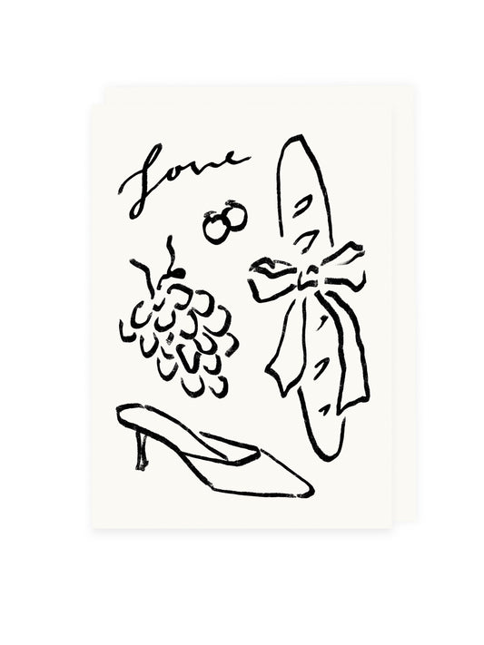 Folding card 'Love' baguette, grapes (risograph)