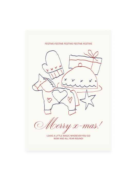 'Merry x-mas' Dala horse postcard (risograph)